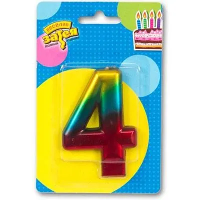Свеча -цифра "4" Радуга металлик 8см 1502-3768