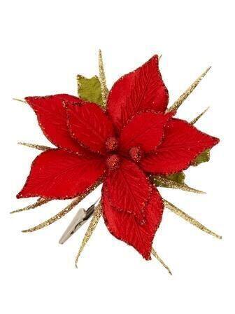 Картинка Красный цветок с листиками из ПЭ, на клипсе, 87436 от магазина «Мишка Панда»
